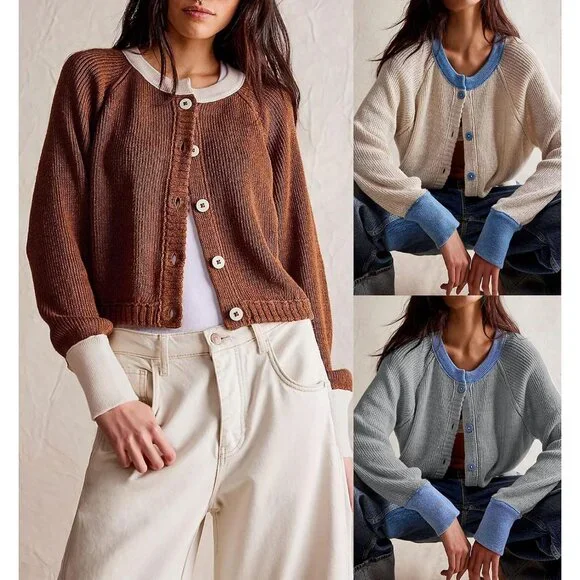 Women Knitted Button Down Cropped Cardigan Jacket Sweater Y2k Fall Knit Color Bl - Picture 5 of 5